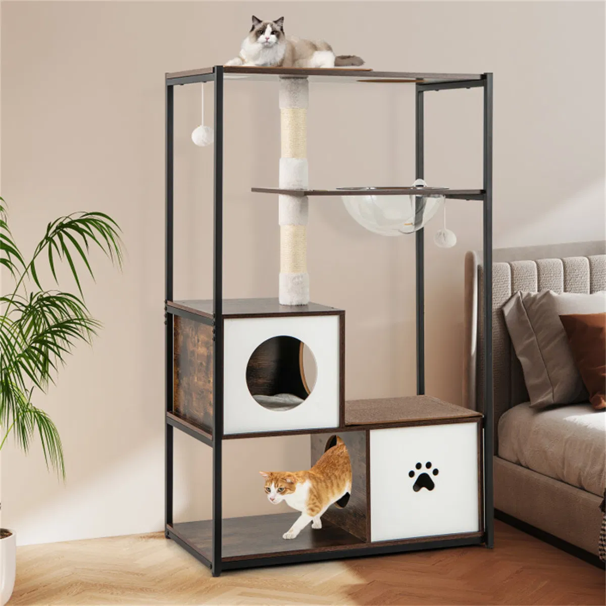 Stylish Wood-Metal Cat Tree - 33 lbs Per Layer Capacity, 2 Private Condos + 2 Relaxation Platforms, Complements Room Decor — image 6