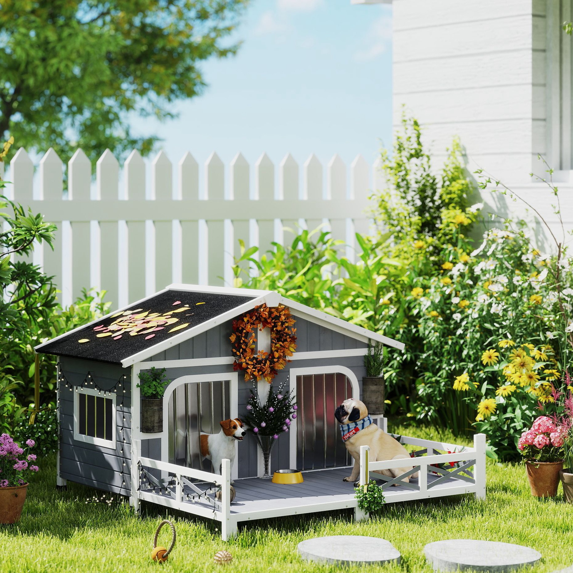 Casa para Perros Exterior, Caja de Madera para Mascotas con Porche, Techo Abordable, Base Elevada y Habitación doble para 2 Razas Pequeñas a Medianas — imagen 1