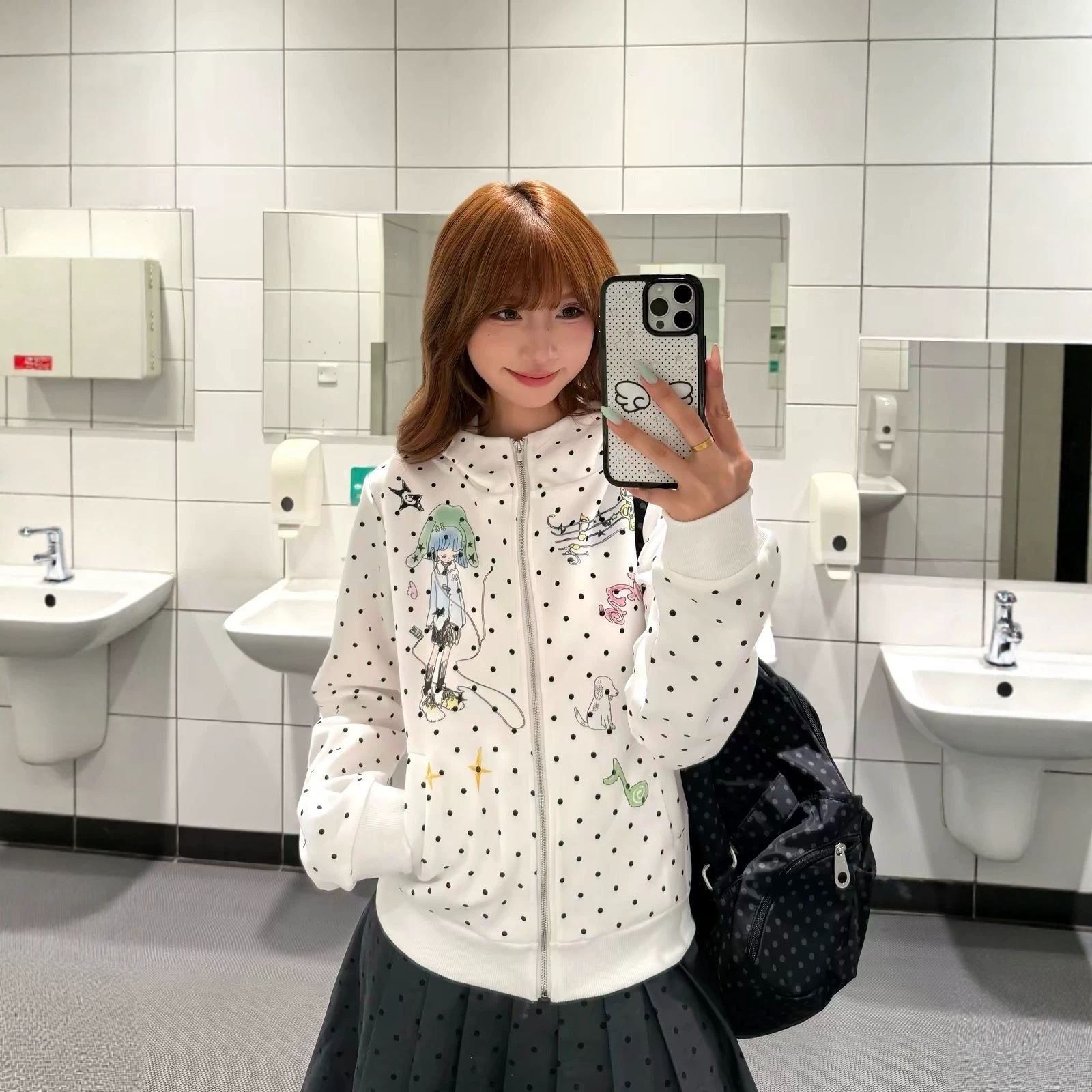 Cartoon Hoodie for Women, Zip-Up Coat with Polka Dot Cat Ears, Fitted Outerwear Trendy Style — image 4