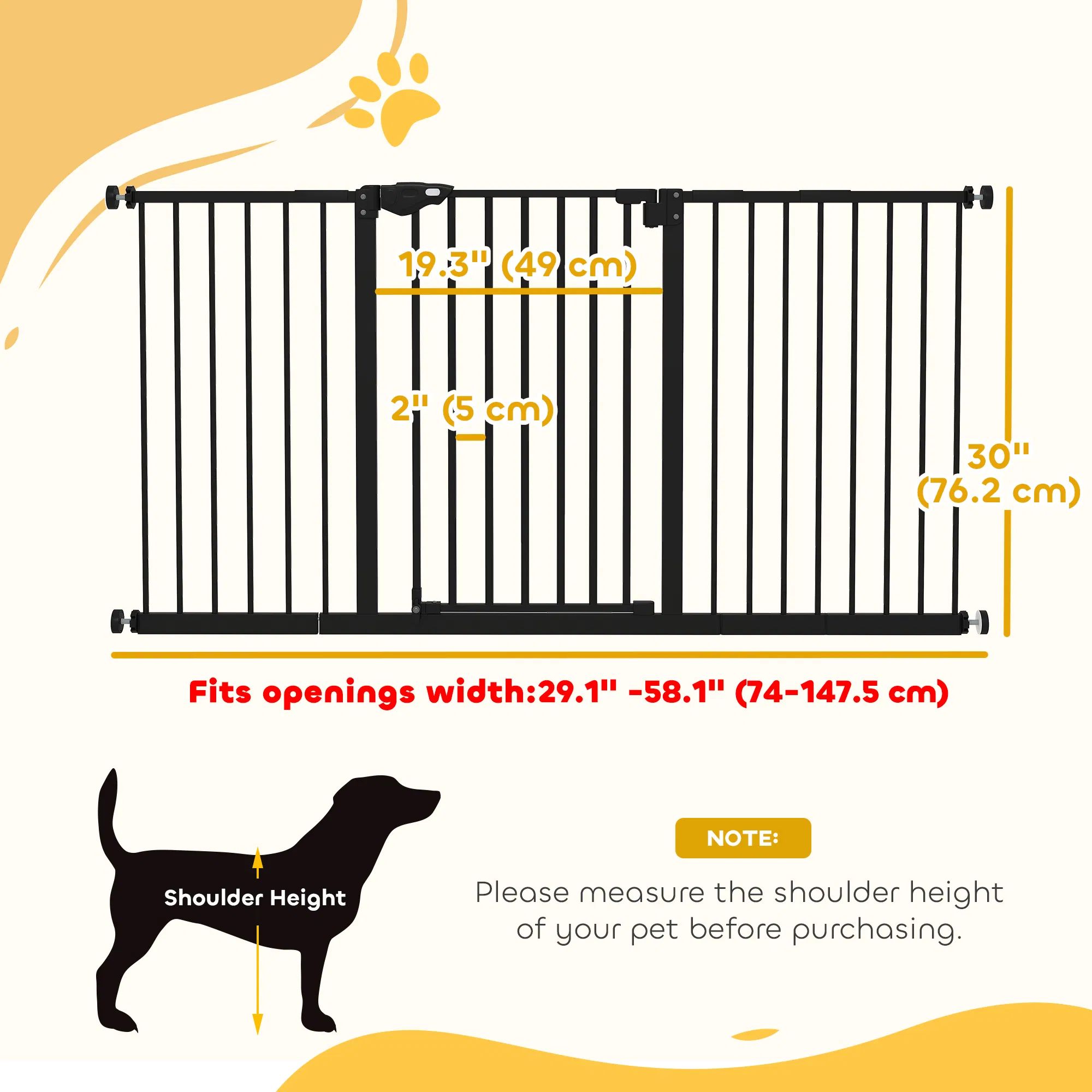 Pet Gate with Door Dog Gate and Barrier Indoor for Stairs Includes 7", 8", 12" Extensions Kit, 30 Inch Tall Pressure-Mounted Safety Gate, Black — image 3