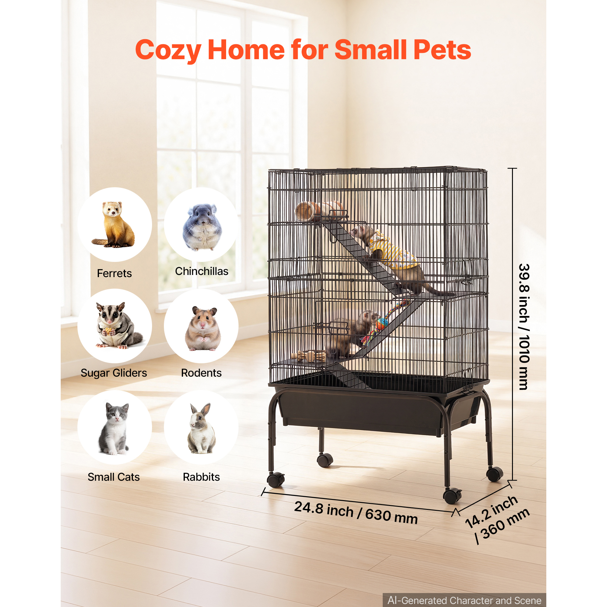 Metal Small Animal Cage 39.8"H 3-Tier Rolling Ferret Cage On Wheels, 0.55" Wire Spacing Large Cages With Hammock, Ramps, Tray & Doors For Ferret, Chinchilla, Sugar Glider, Guinea Pig & Rabbit — image 3