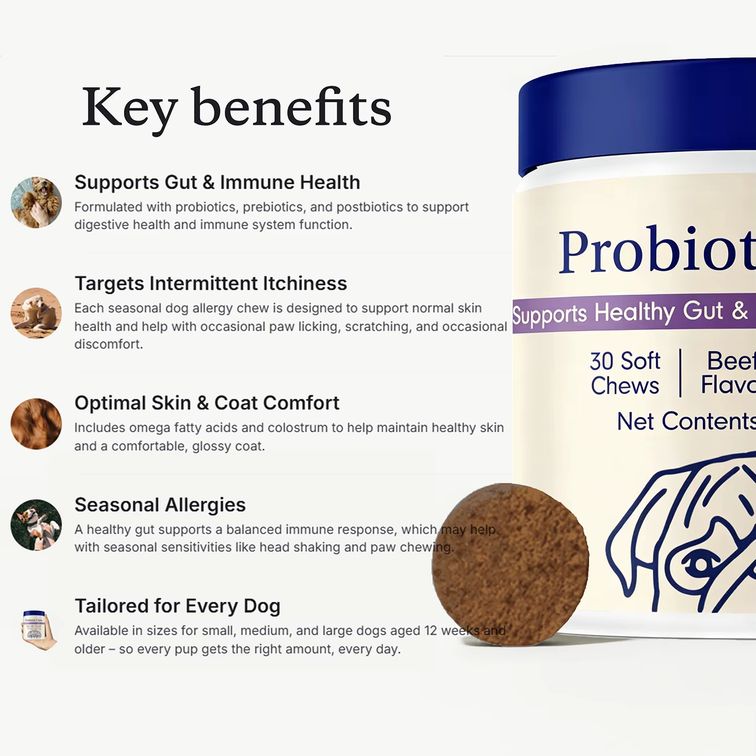 Suplementos Probióticos para Perros - Chews de Probióticos para Salud Intestinal, Diarrea Ocacional y Alergias Estacionales con Sabor de Carne — imagen 3