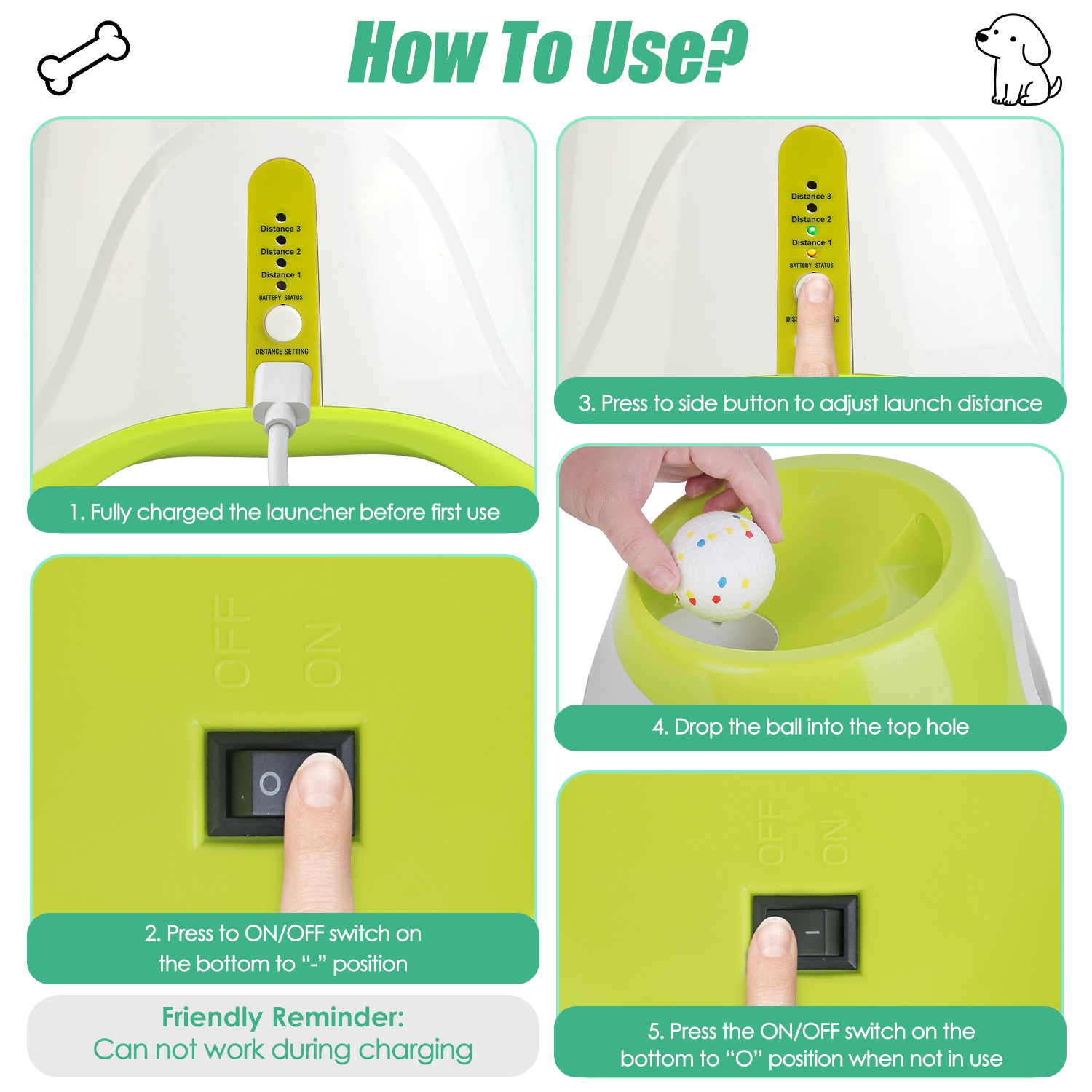 Lanzador Automático de Pelotas para Perros Recargable Juguetes Interactivos para Cachorros Pequeños y Medianos con 3 Configuraciones de Distancia Ajustables 6 Piezas Pelotas 2.3 pulgadas — imagen 3