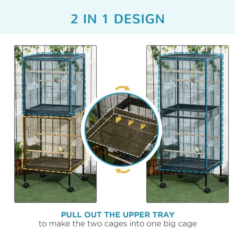 2 In 1 Bird Cage Aviary Parakeet House For Finches, Budgies With Wheels, Black — imagen 3