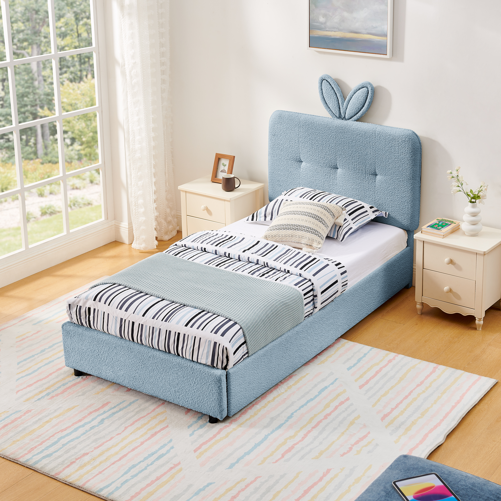 Cama de Tamaño Twin para Niños con Litera de Orejas de Conejo Gigante, Luz LED y 4 Cajas de Almacenamiento, Tela Bouclé 79.5''×40.75''×41'' — imagen 2