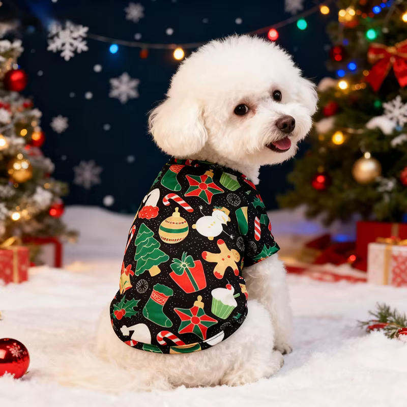 Disfraz de Navidad con Patrón de Papá Noel para Perros Grandes - Vestido Rojo y Negro con Escarcha y Frutas — imagen 5