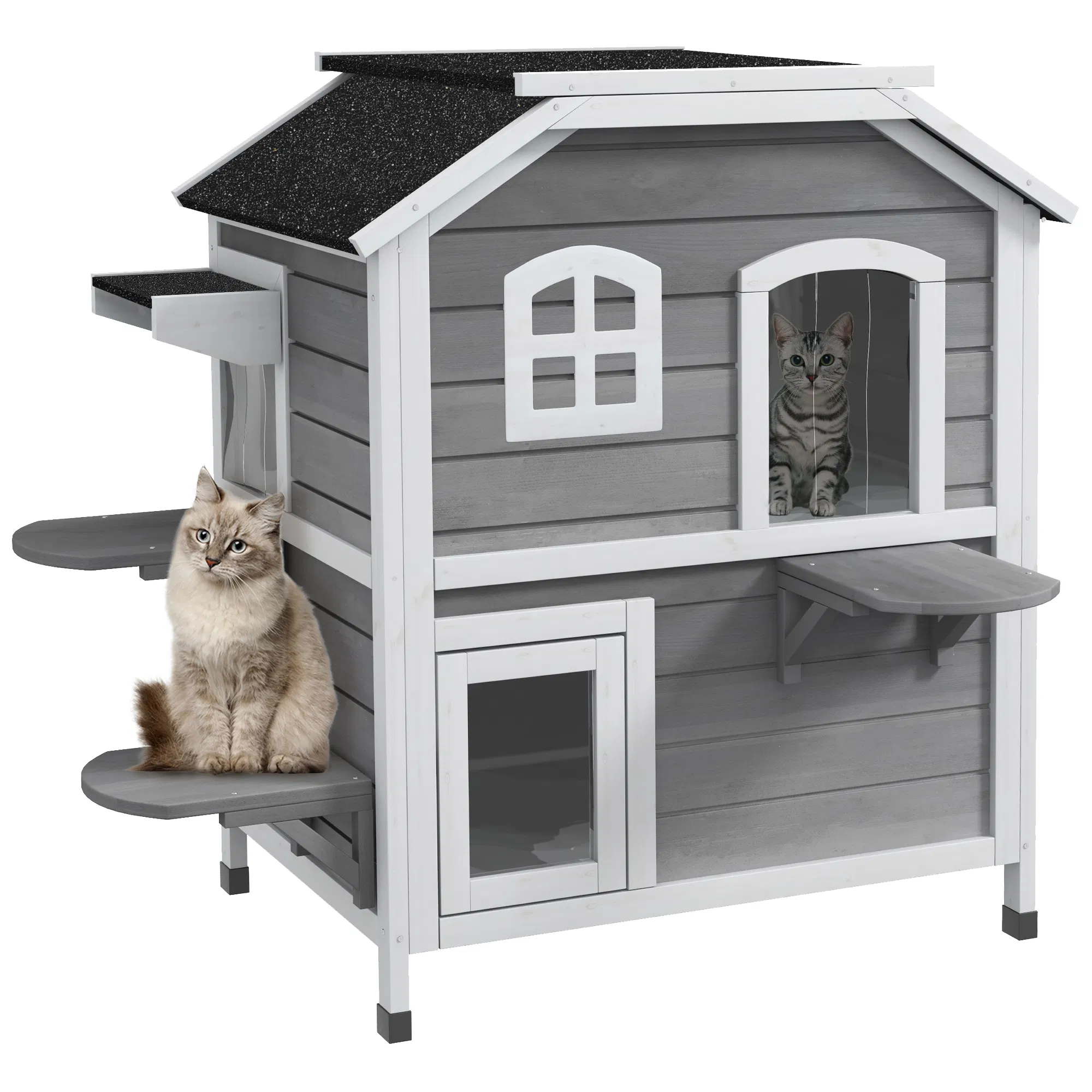 2-Storey Outdoor Cat House, Wooden Catio with Openable Roof, Lounge Space, Fun Entrances, for Feral Cats, Grey — image 1
