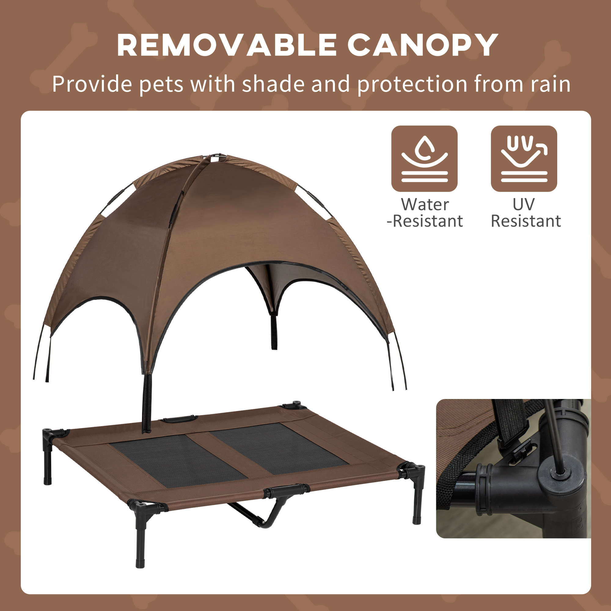 Elevated Portable Dog Cot Pet Bed With UV Protection Canopy Shade, 36 Inch, Coffee — image 2