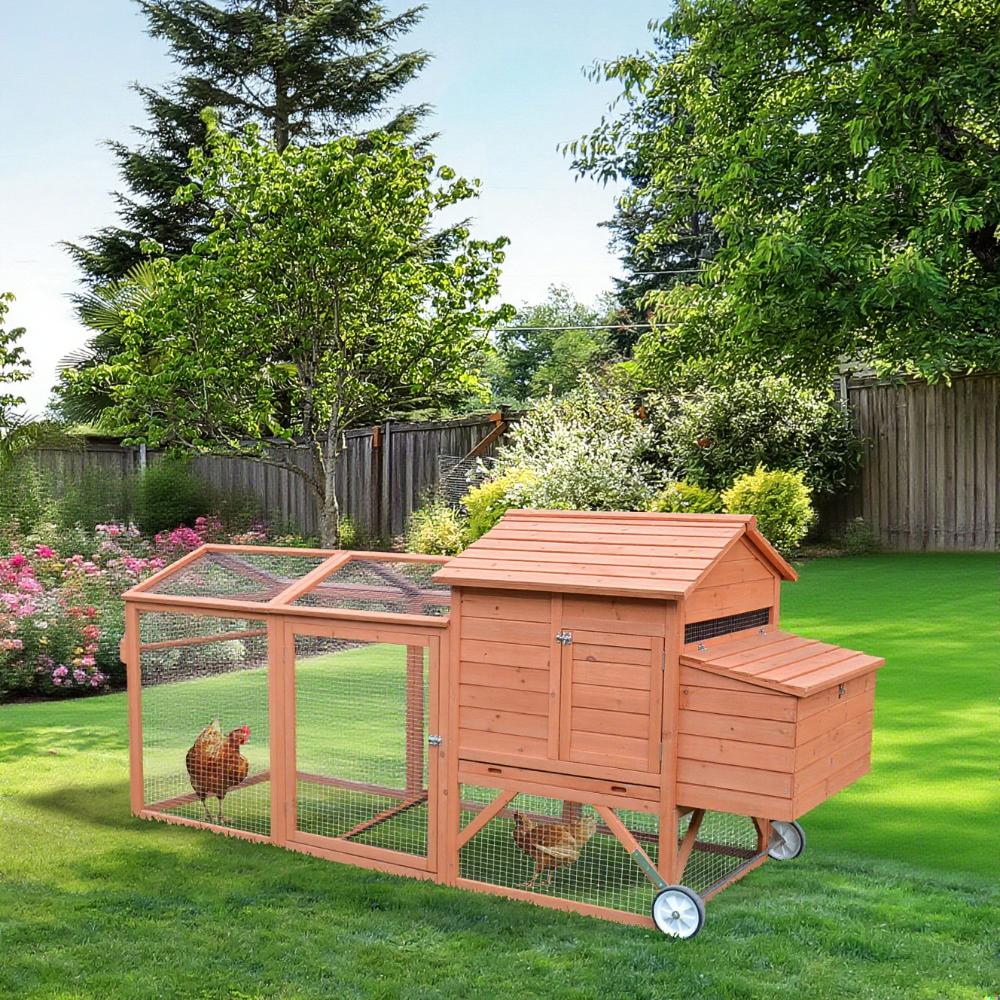 Chicken Coop Wooden Hen House Poultry Cage Pen Portable With Wheels And Nesting Box, Chicken Cage For Backyard Outdoor, Natural — imagen 1
