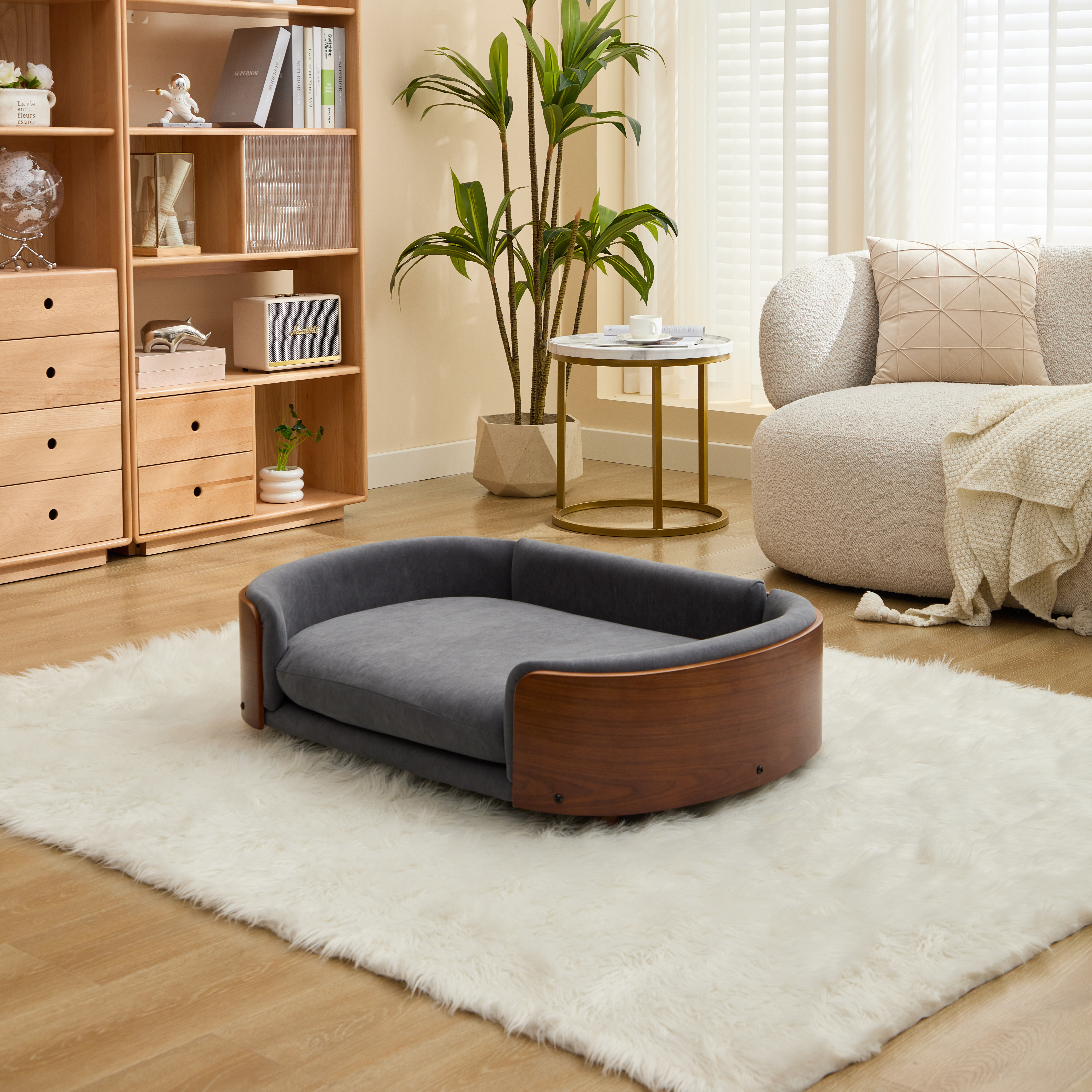 Scandinavian style Elevated Dog Bed Pet Sofa With Solid Wood legs and Walnut Bent Wood Back, Velvet, Large Size — image 3
