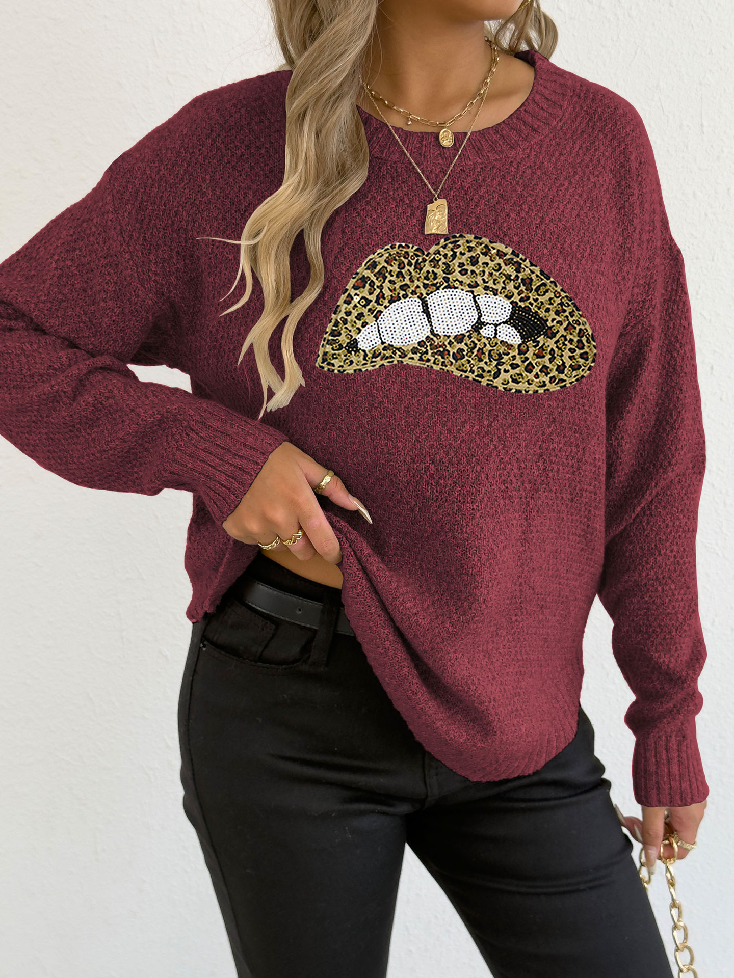 Women's leopard print embroidered sequin lip design round neck pullover sweater — image 12