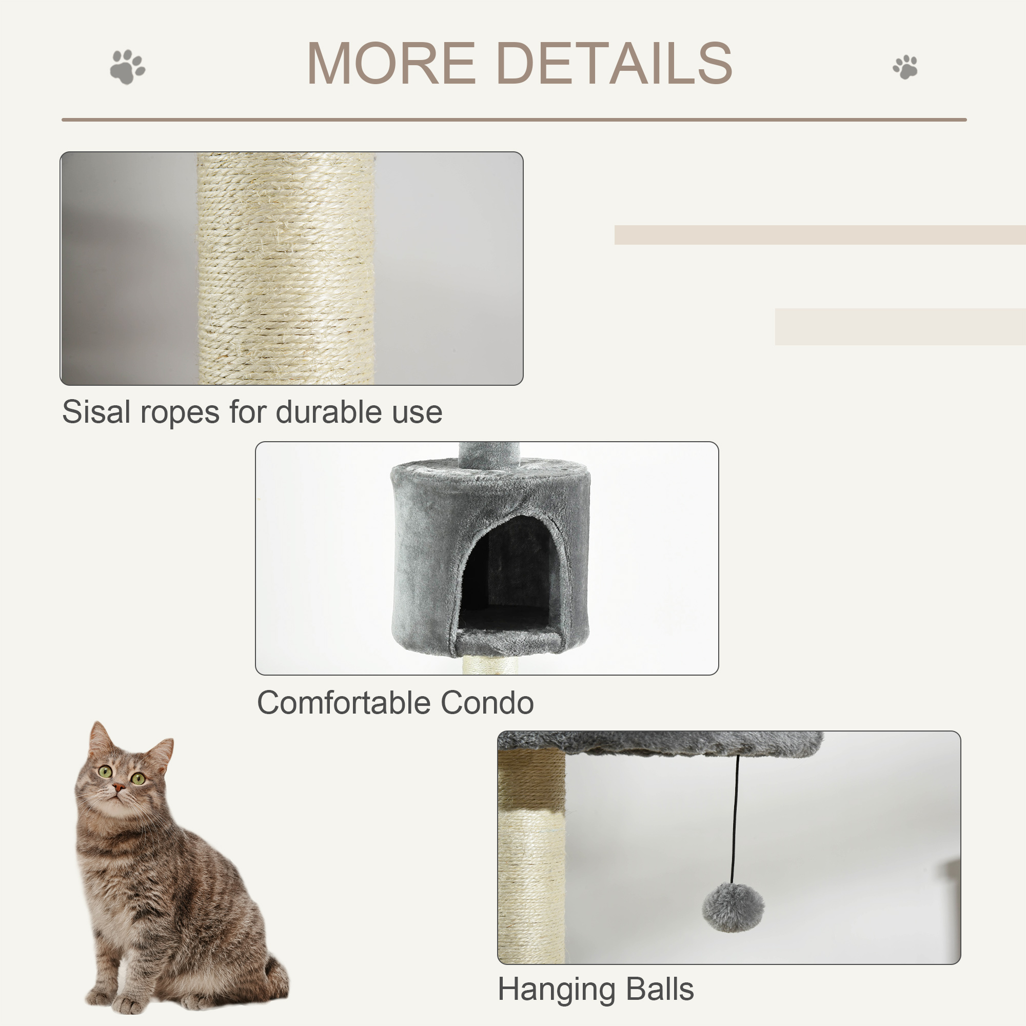 100" Cat Tree Height Adjustable Floor-to-Ceiling 4-Tier Kitty Climbing Activity Center Condo Cat Toy with Scratching Post Hanging Balls Play Rest Post Pet Furniture Grey — image 5