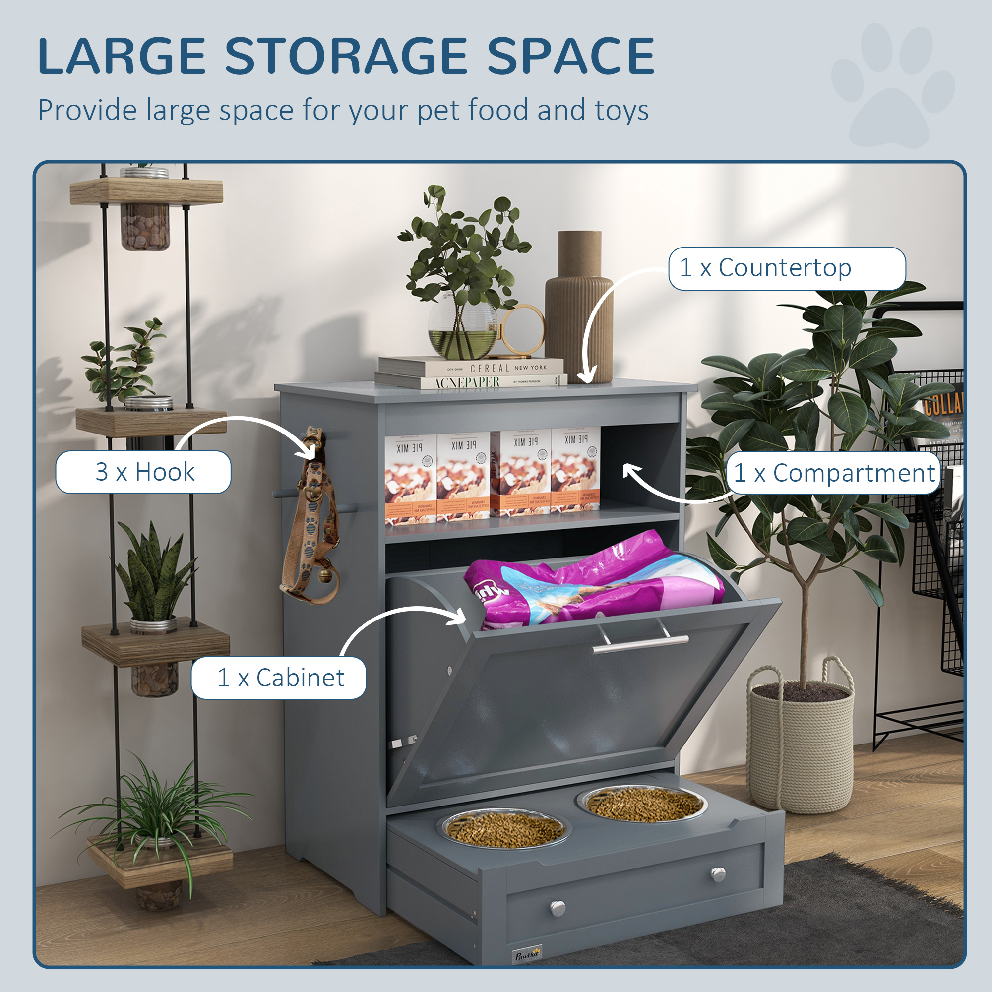 Pet Feeder Station Storage Cabinet, Dog Food Storage Container with Dog Raised Bowls, Watering Supplies, Gray — image 2