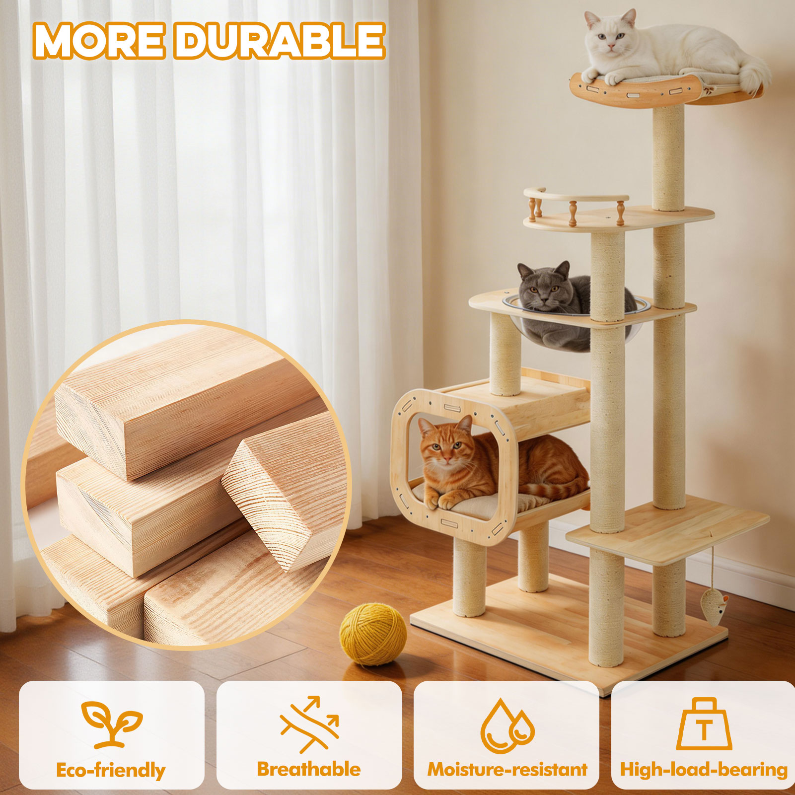 Modern Heavy-Duty No-Drill Cat Tree-Solid Wood Multi-Story Board, 4-Story Multi-Column Cat Tower, 57.9in For Multi-Cat Households, Open Condo, Space Capsule & Perch, Natural Wood Indoor Pet Furniture — image 2