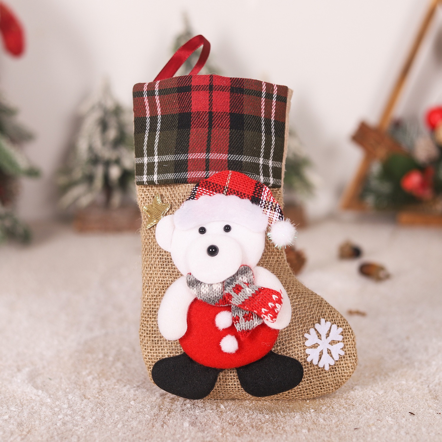 Christmas linen checkered gift bag 3D elderly snowman reindeer figurine Christmas boots pendant — image 2