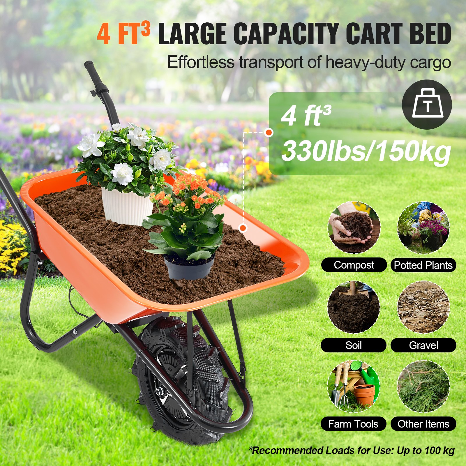 Carro de Rueda Eléctrico para Jardín, 500W - Barrena de Carga Útil con Manija Metálica y Ruedas de 16' — imagen 2
