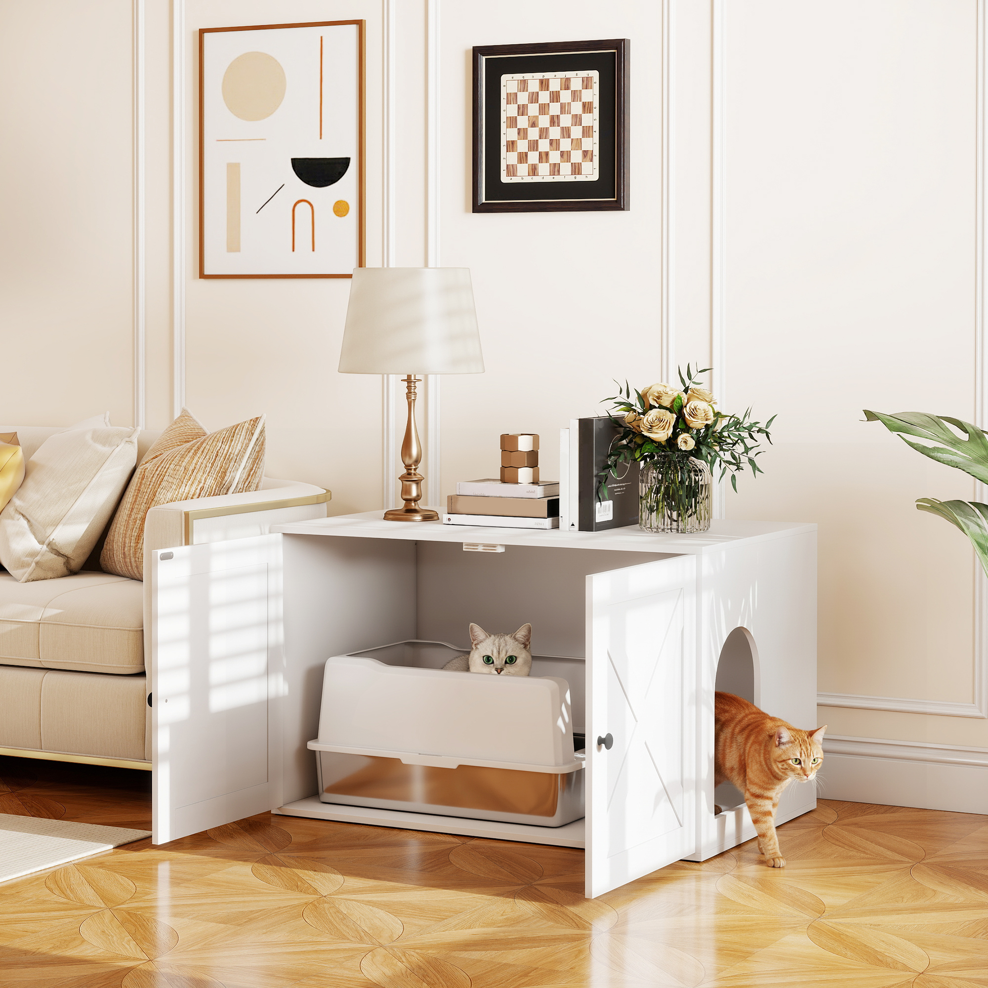 Caja de Arena para Gatos con Puerta de Granja, Hoyo del Gato, 81 cm × 53 cm × 51 cm, Blanco — imagen 1