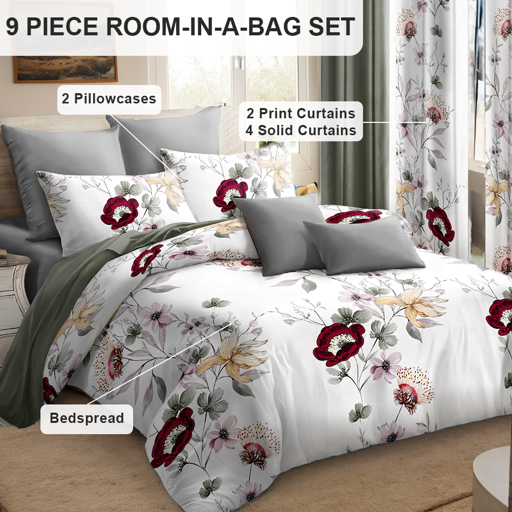 Juego de Edredón y Cortinas Room In A Bag de 9 Piezas, Colcha Gruesa con Estampado Botánico Floral Verde Salvia de Diseñador de EE. UU. con 6 Paneles de Cortina Personalizables, Cubrecama de Alto GSM Apto para Mascotas — imagen 5