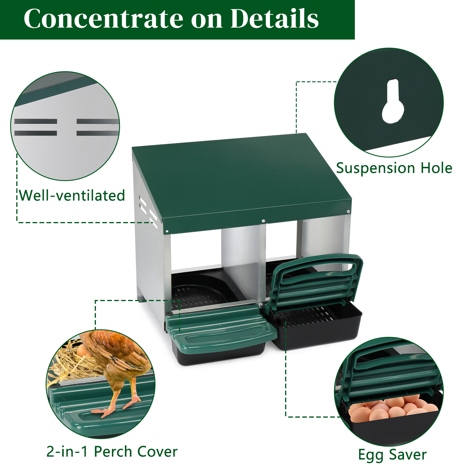 2 Compartments 54x52x47cm Pitched Roof House Iron-plastic Green Chicken Feeding Trough — image 8