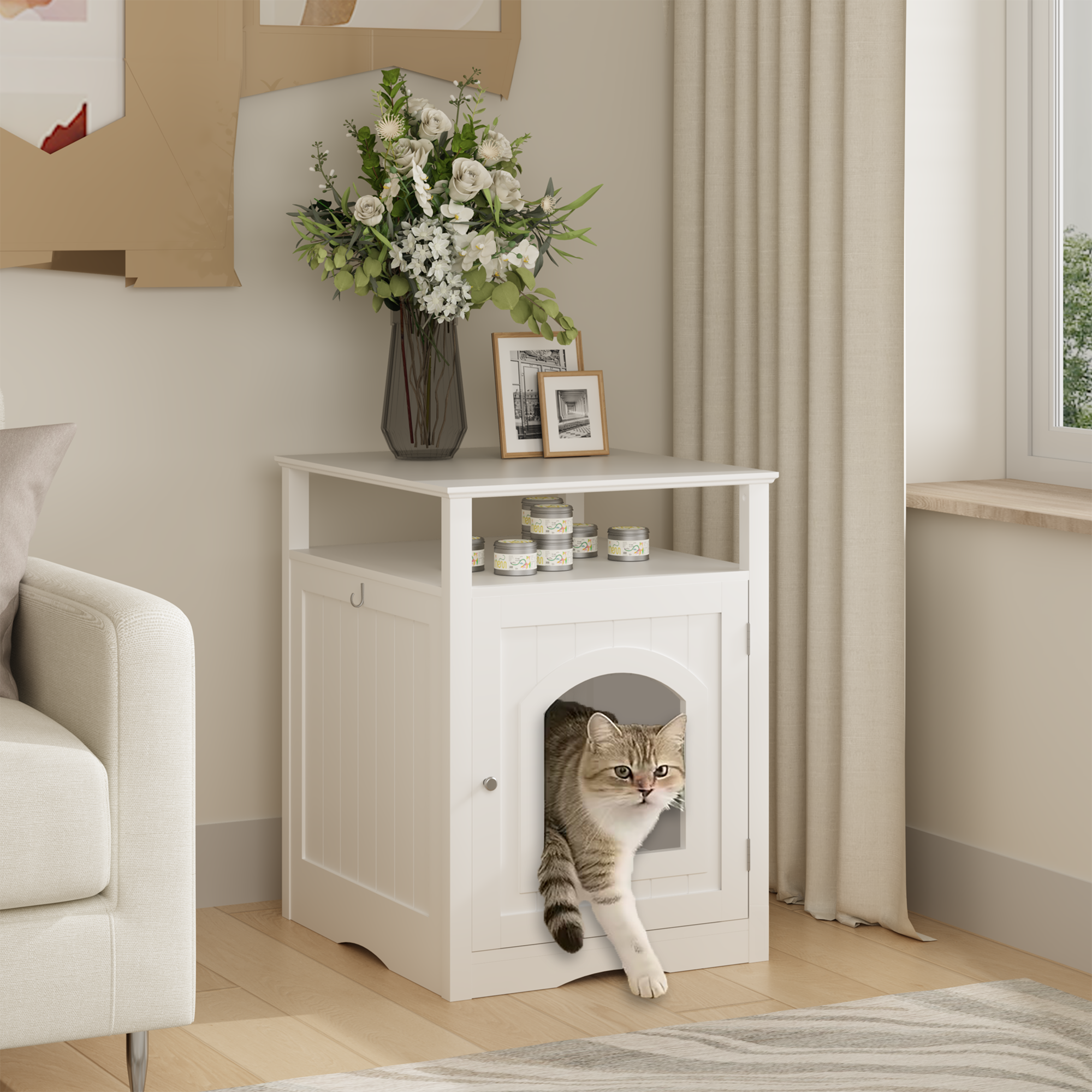 Cat Litter Box Enclosure Furniture, Indoor Wooden Cat House With Enclosed Cabinet, Hidden Litter Box Furniture With Storage Shelf, Modern Cat Condo Side Table For Living Room Or Bedroom White — image 1