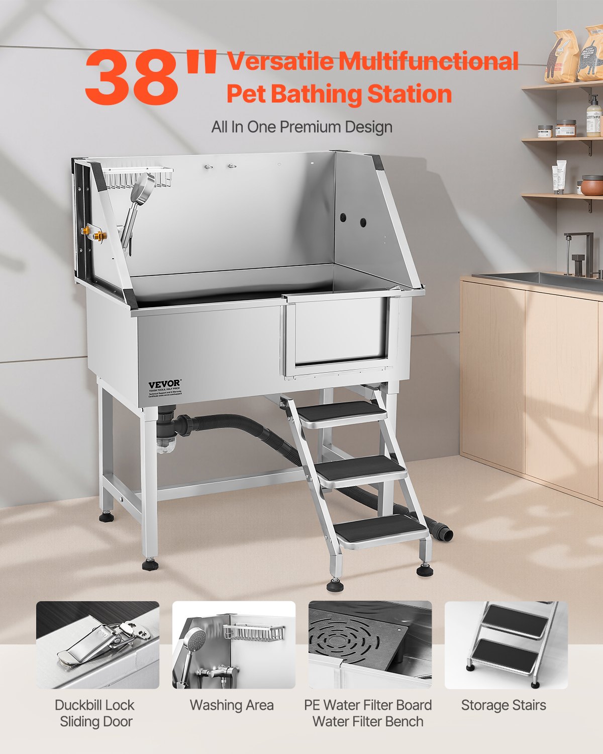 Tina de Baño para Aseo de Perros de 38", Acero Inoxidable con Escalera, Llave de Agua y Regadera — imagen 6