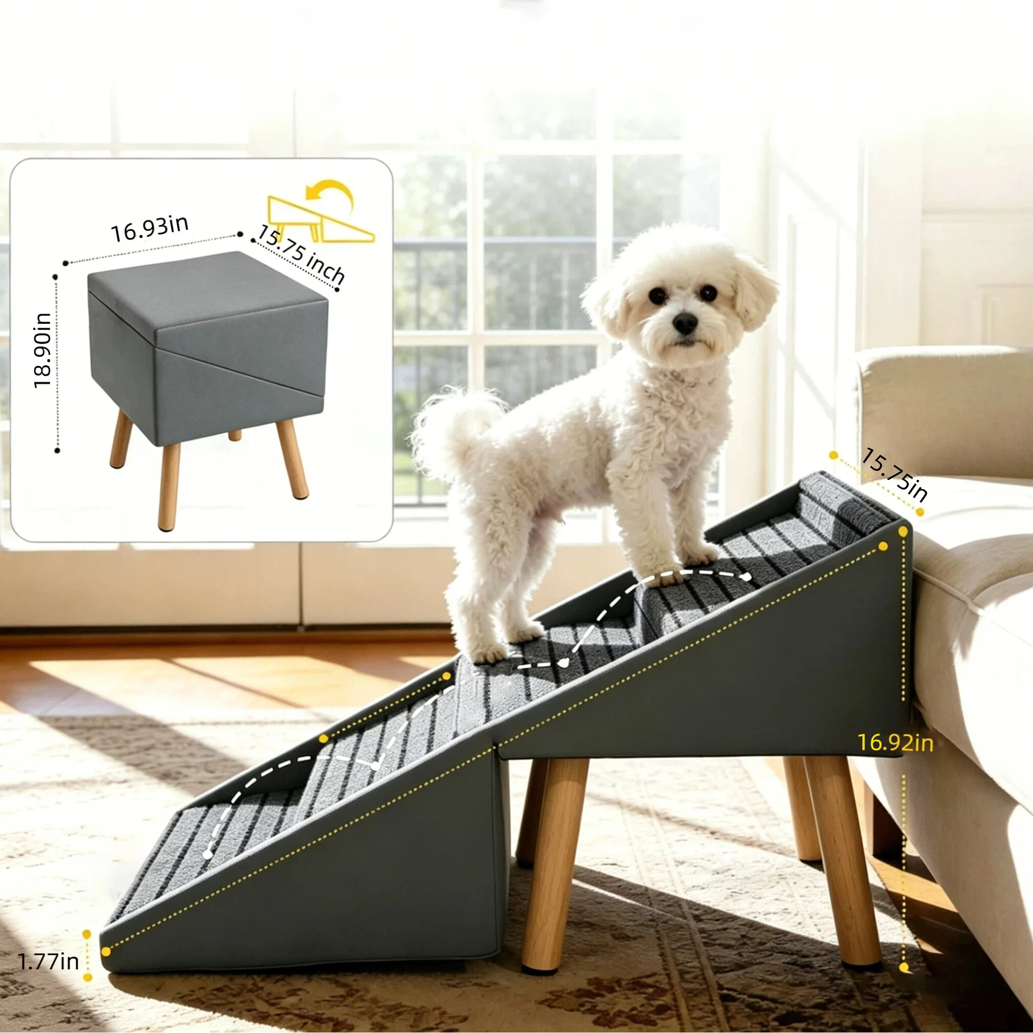 Escalera para Perros 2 en 1 para Cama y Sofá, 19.69" Rampa Plegable para Perros con 4 Escalones y Otomana para Perros Pequeños, Gris — imagen 3