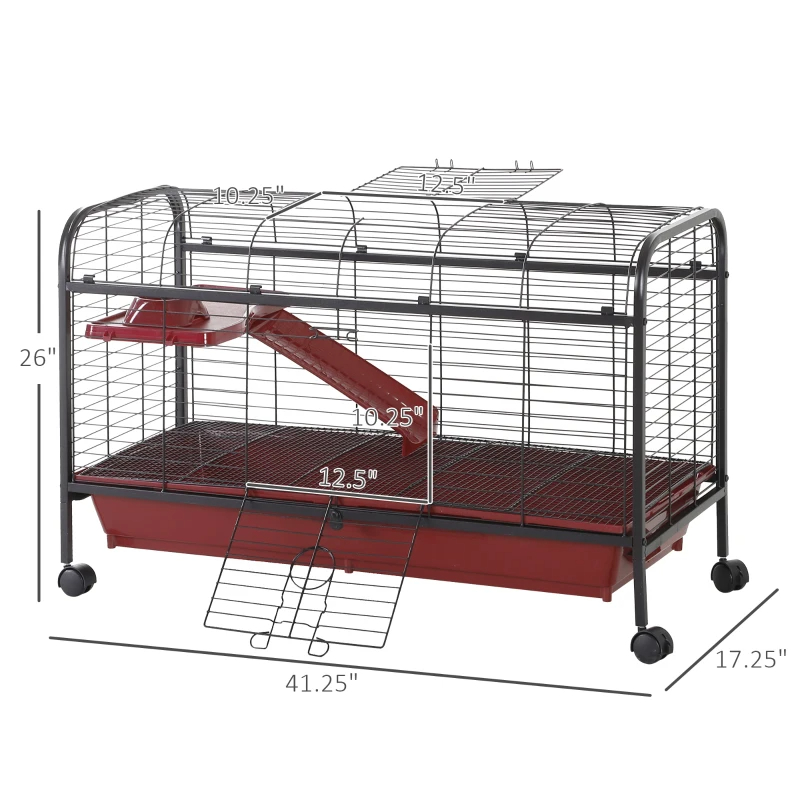 PawHut 41L Small Animal Cage, Pet Play House For Rabbit Hutch Ferret With Feeder, Rolling Wheels, Platform, Ramp — image 1