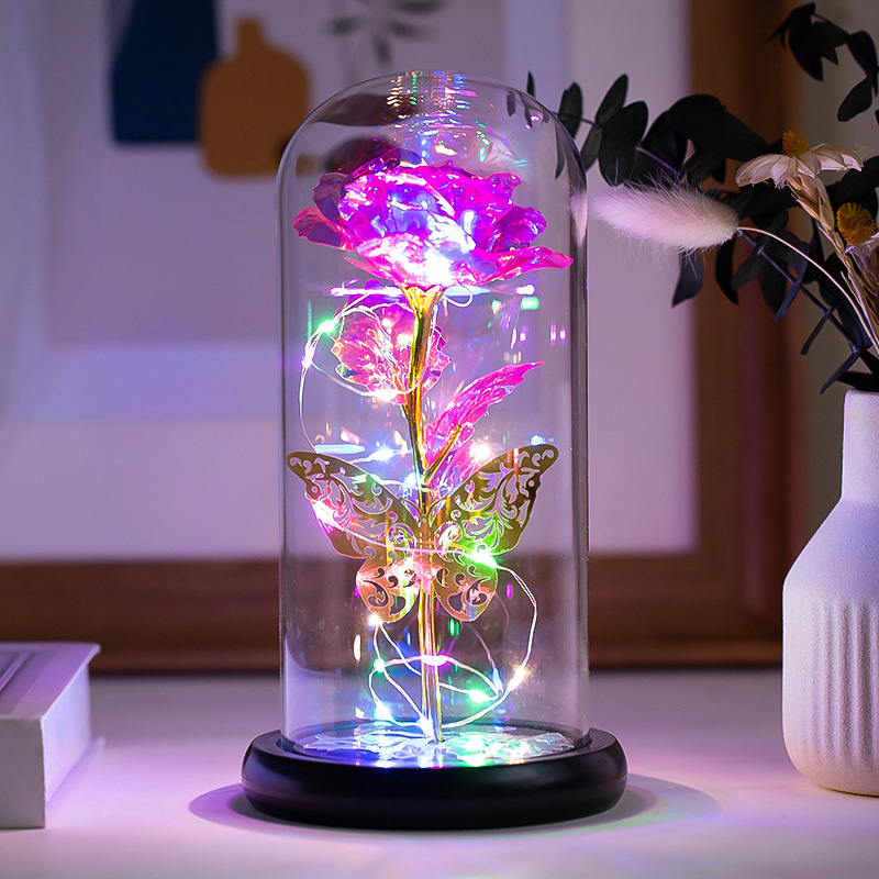Golden Butterfly Immortal Flower Glass Cover Rose Glowing Gold Foil Rose Christmas Valentine's Day — image 2