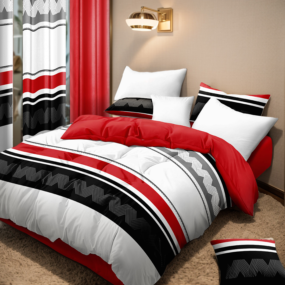 9 Piece Room In A Bag Quilt And Curtain Set, US Designer Red And Black Geometric Chevron Heavyweight Bedspread With 6 Customizable Window Panels, Pet-Friendly High GSM Coverlet — image 12
