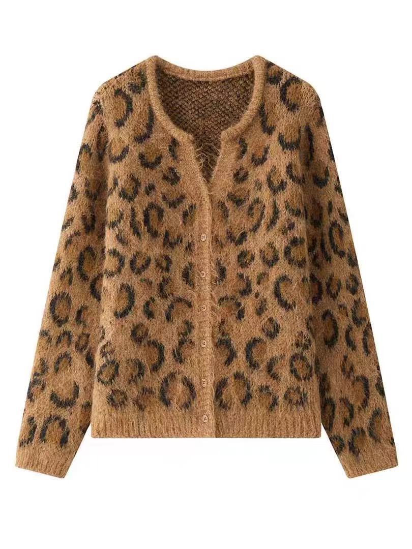 Laid-back Leopard Print Melange Cardigan Sweater, Retro Short Slim Fit Outerwear — image 7