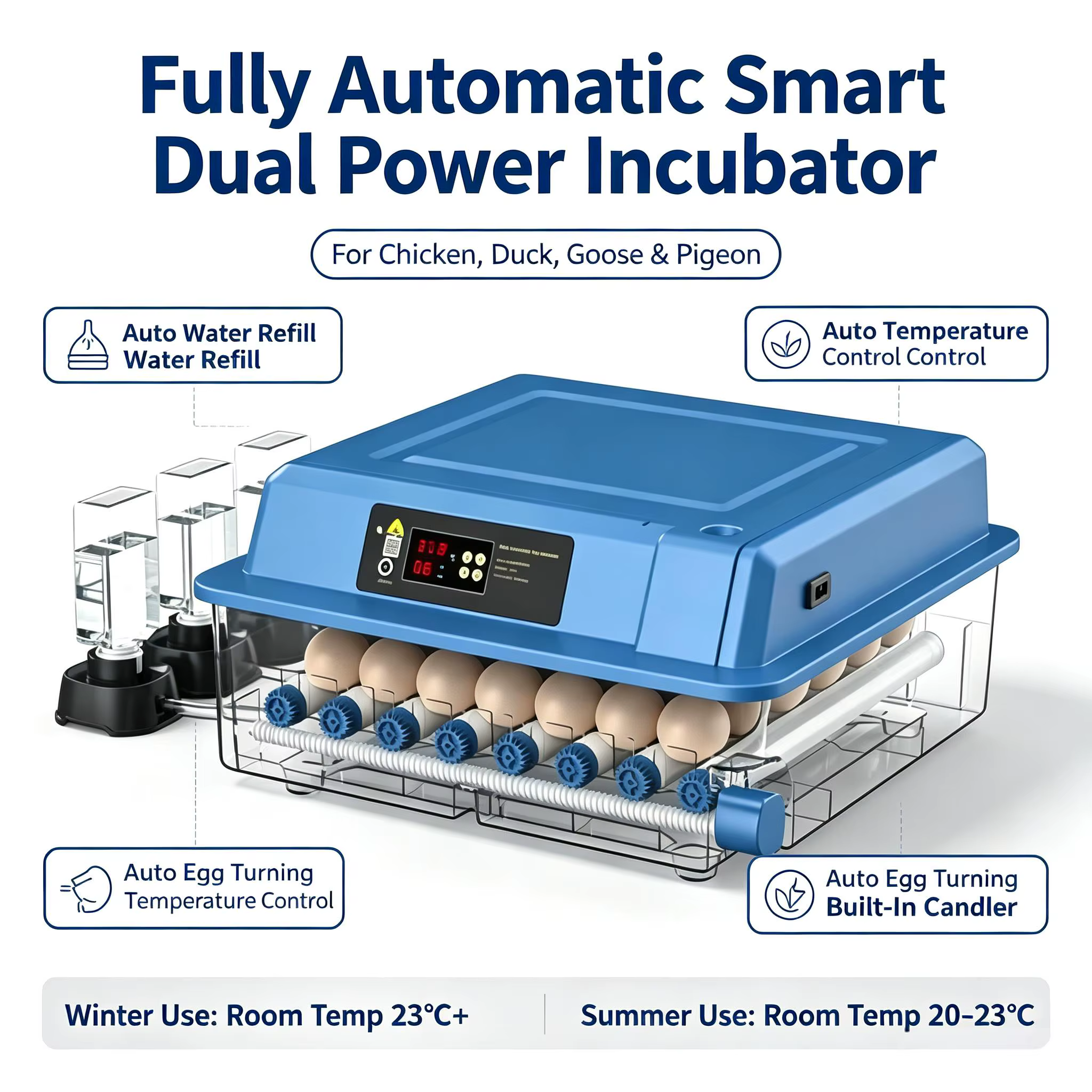 Incubadora Inteligente Totalmente Automática para 36/48 Huevos con Doble Fuente de Alimentación, Volteo Automático de Huevos, Control Preciso de Temperatura y Recarga Automática de Agua — imagen 1