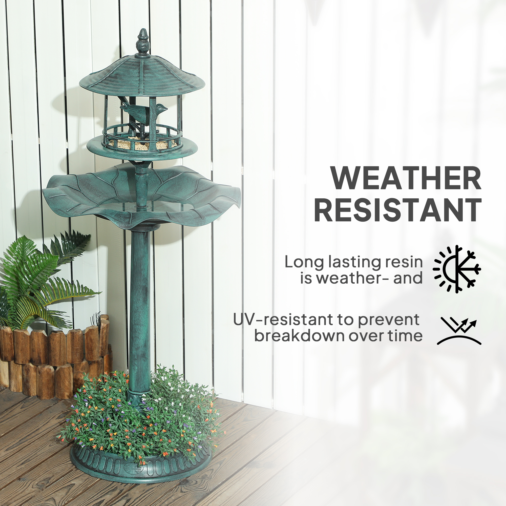 Bebedero para Aves de Jardín 3 en 1 con Pedestal, Comedero para Aves, Amplio Recipiente de Agua y Macetero Inferior para Flores, Verde — imagen 4