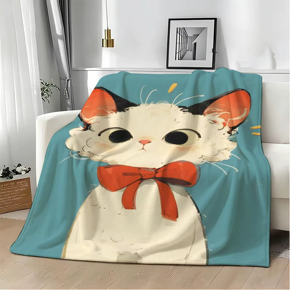 Illustration B-Bow Tie Cats Throw Lightweight 240g Flannel Blanket Soft Skin-friendly for Summer Cooling — image 5