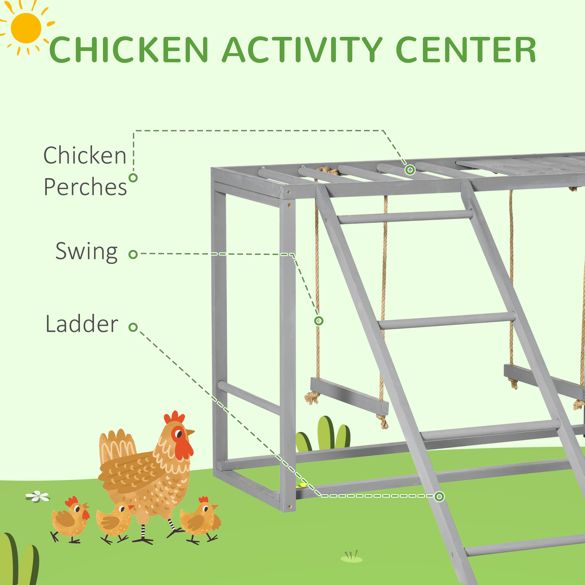 Chicken Activity Game With Swing Set For 3-4 Birds, Wooden Chicken Coop Accessory With Multiple Chicken Perches And Hen Ladder Grey — imagen 6