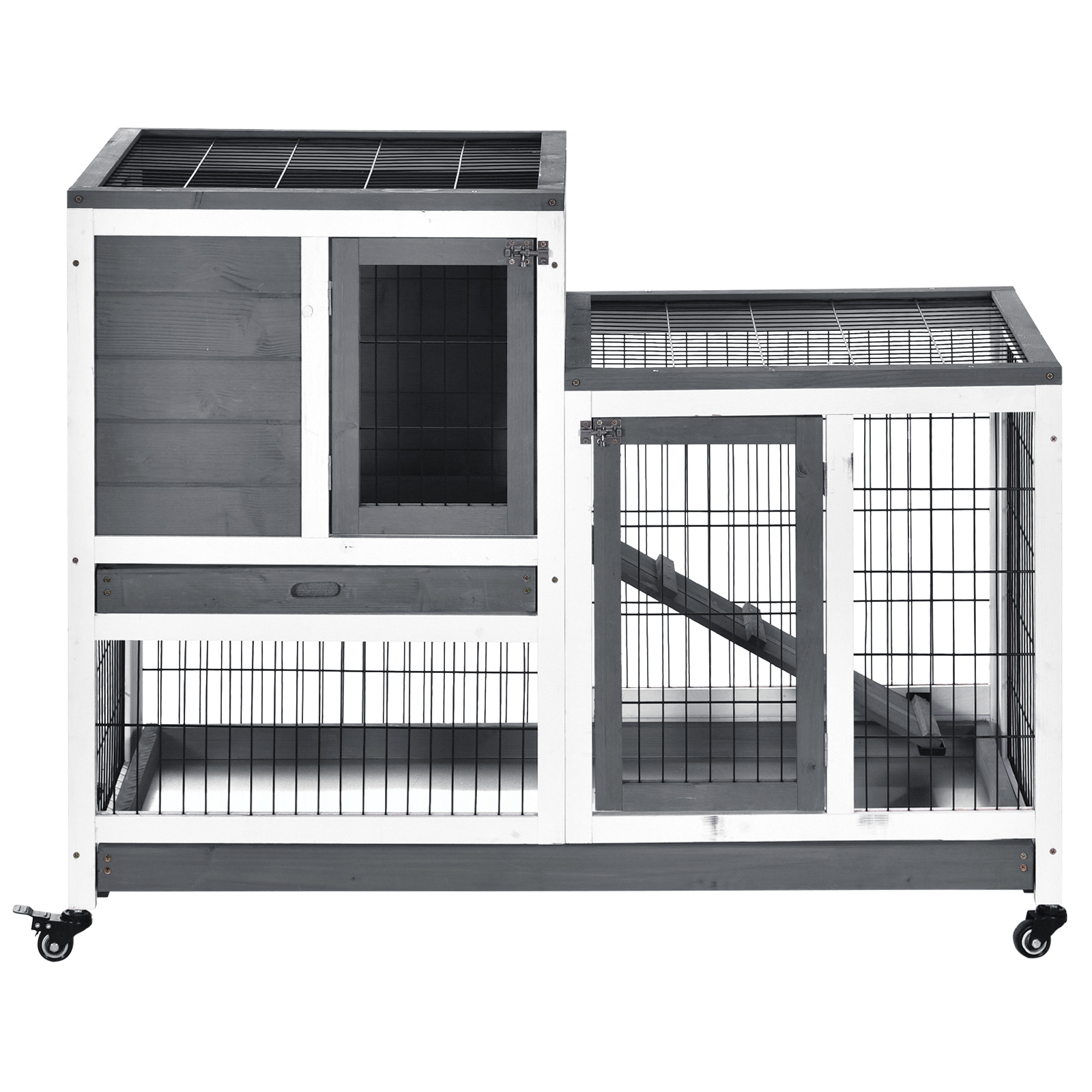 Wooden Rabbit Hutch Elevated Bunny Cage Indoor Small Animal Habitat with Enclosed Run with Wheels, Ramp, Removable Tray for Rabbits, Chickens, Ducks, Guinea Pigs, Gray — imagen 5