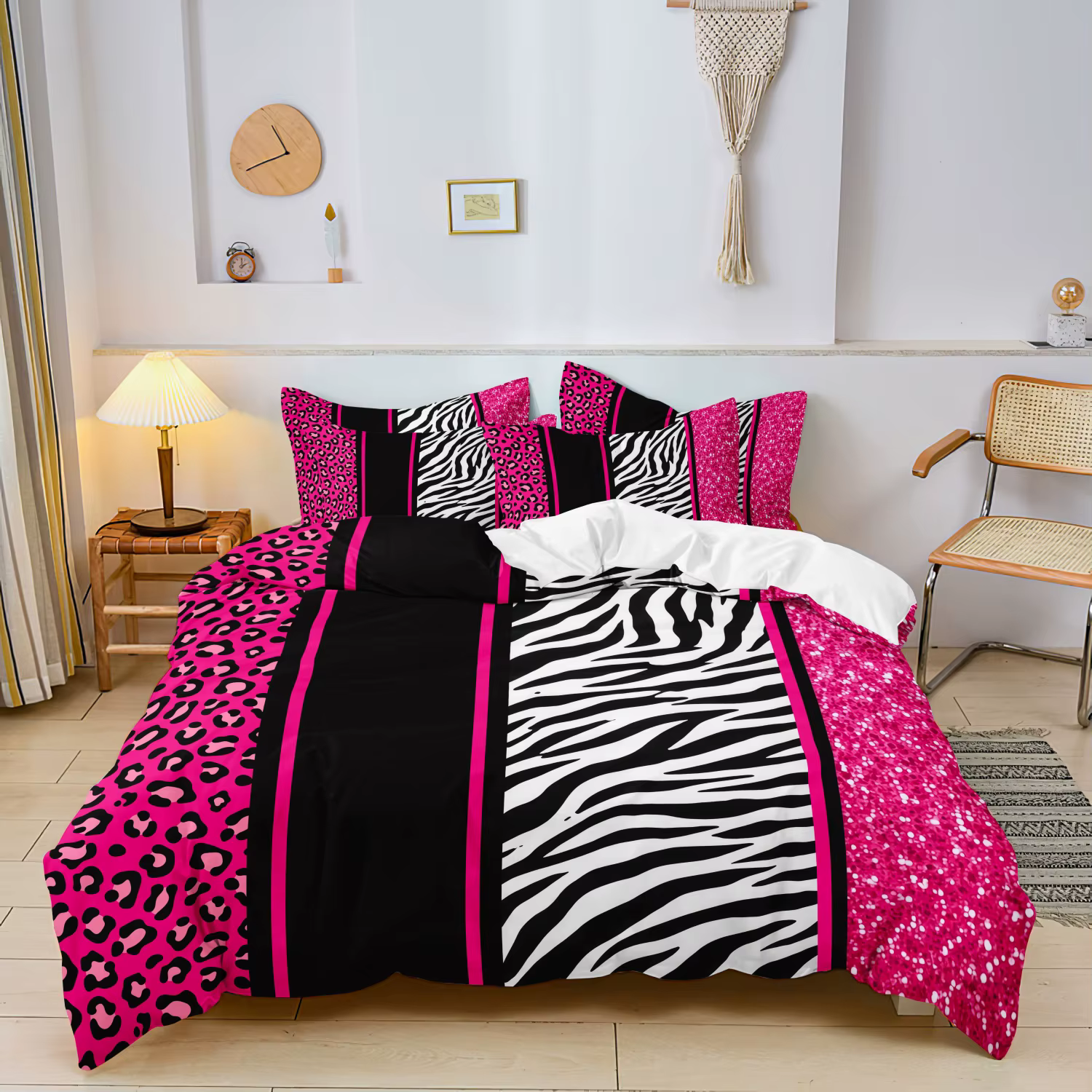 Set de Funda de Edredón de 3 Piezas en Estampado de Leopardo Rojo, Rojo Rosado y Rayas de Cebra Negra con Acabado Brillante, Elegante, Suave y Cómodo — imagen 3