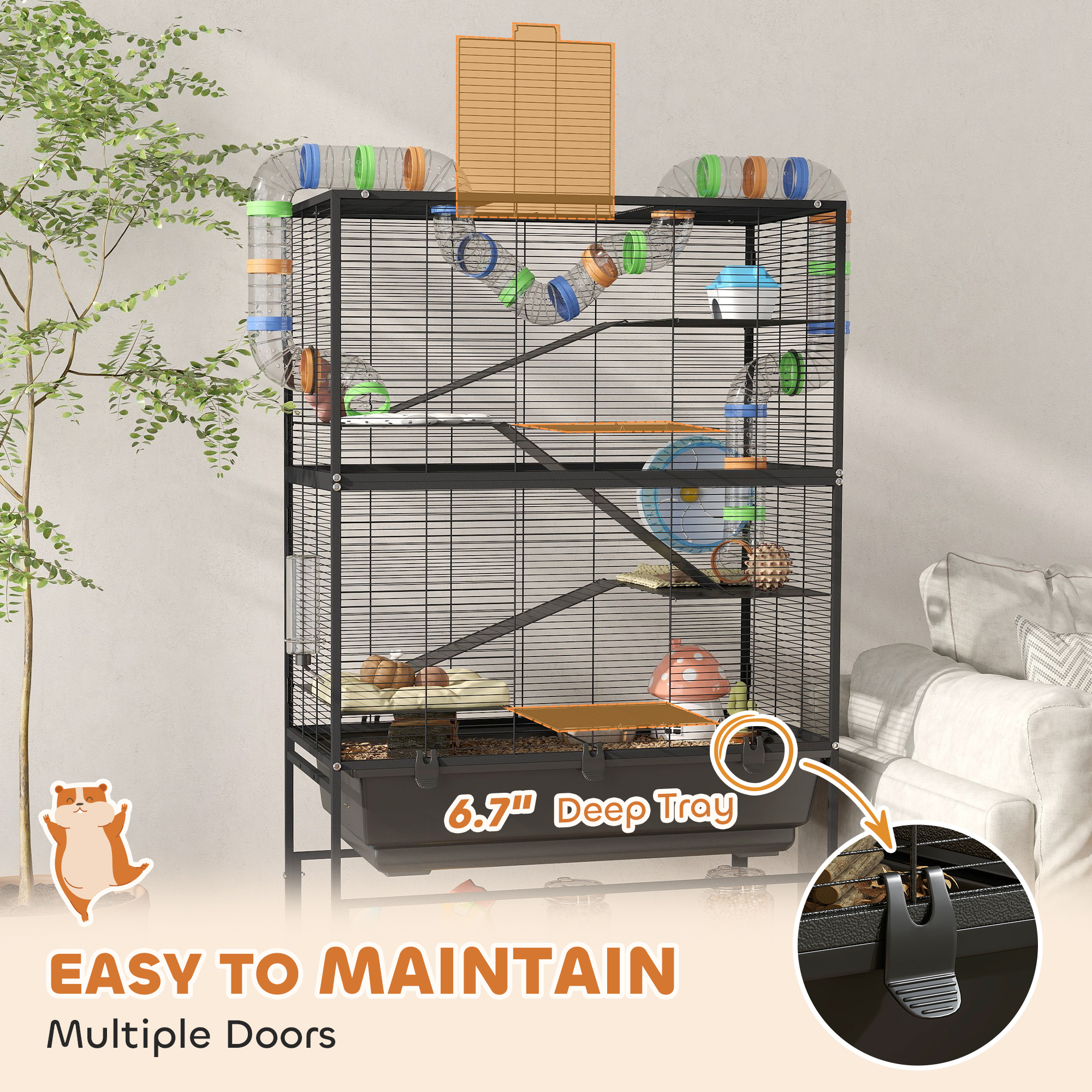 5 Tier Hamster Cage, Rolling Rat Cage with Deep Tray, Storage Shelf, Big Exercise Wheel, Hut, Tube System — imagen 4