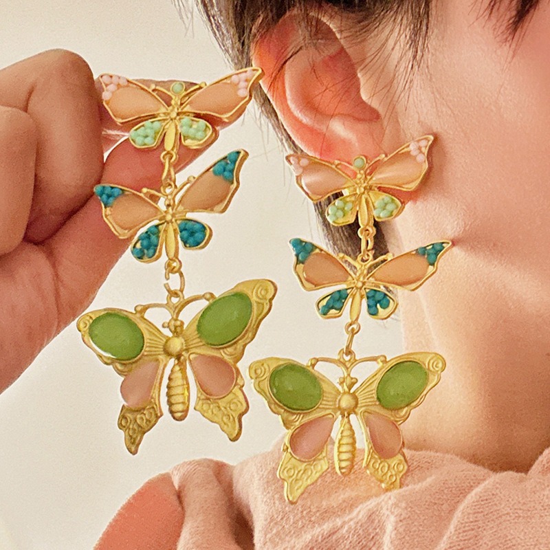 Alloy inlaid glass bead butterfly earrings for women — image 6