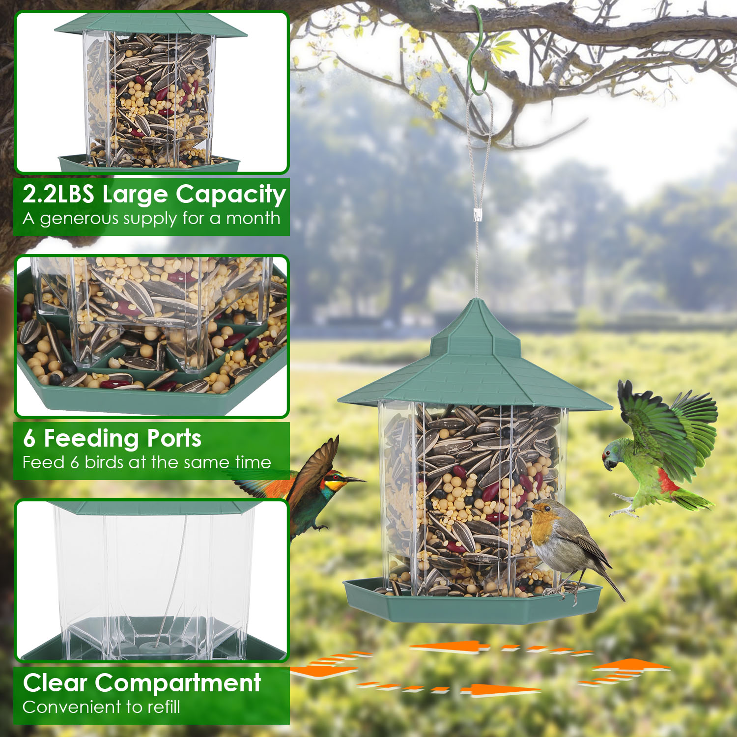 Gazebo para pájaros suspendido con capacidad de alimento amplia, 6 entradas para alimentar y fácil relleno — imagen 2