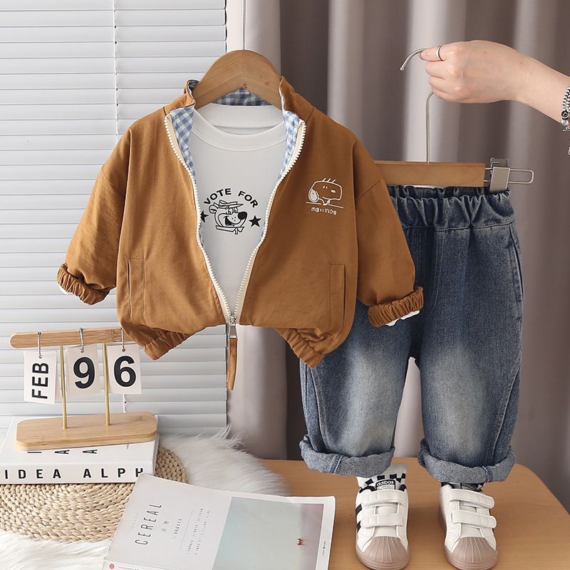 Casual Cartoon Printed Dog Head Zip-Up Jacket Three-Piece Set for Toddler Boys — image 4