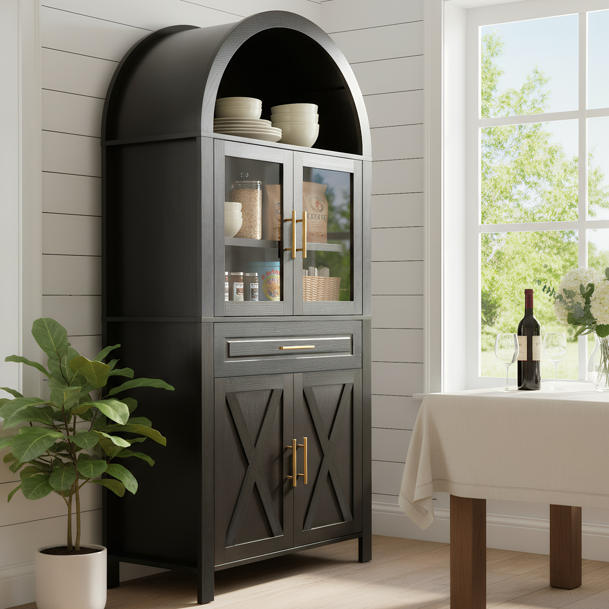 Cajón de Almacenamiento de Cocina con Puerta de Vidrio y Diseño de Estilo Rural de 71" de Alto, con Estanterías Ajustables y Acceso por Puerta de Granja para Salón, Comedor y Cocina, Negro — imagen 2