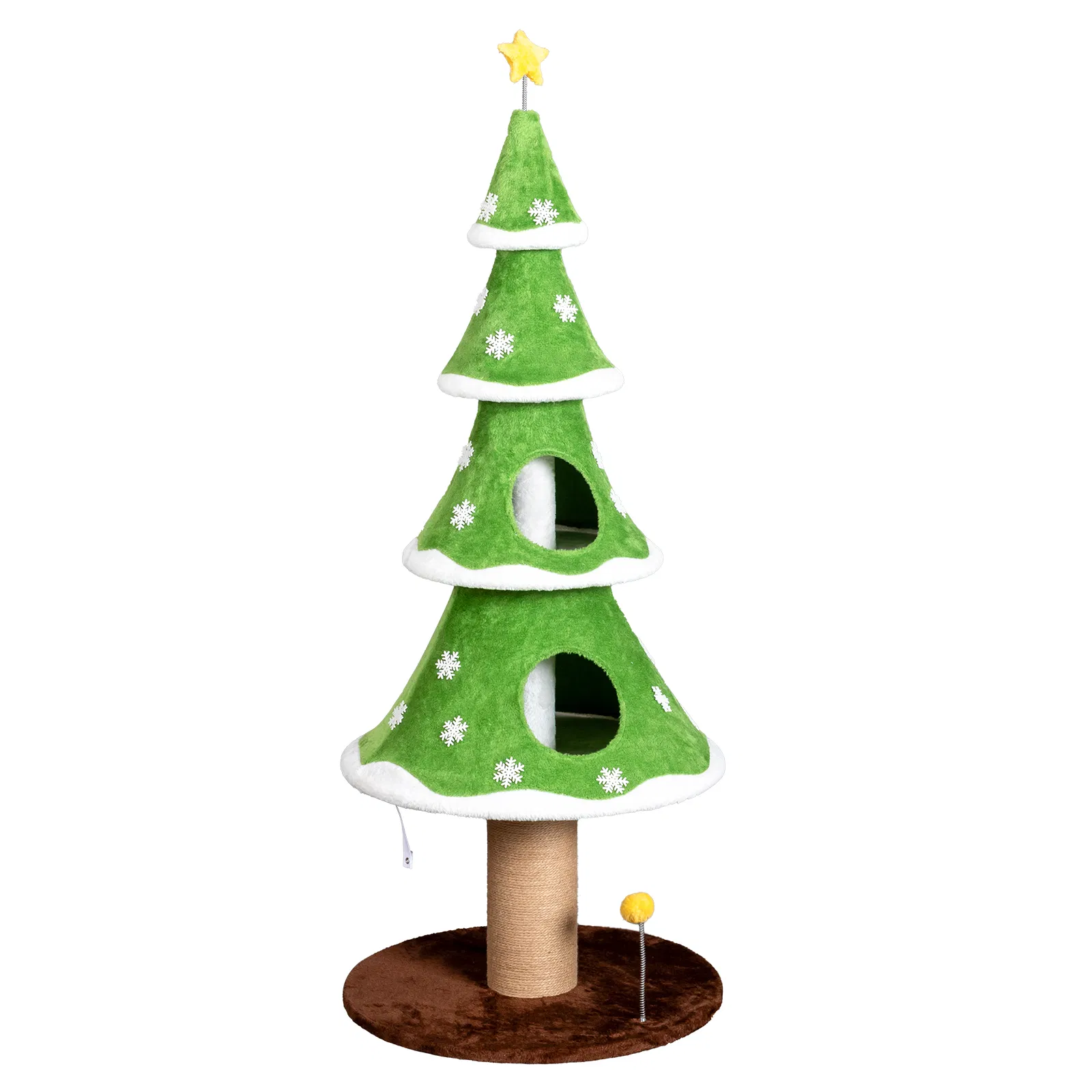 Large Tall Christmas Tree Cat Tower with 2 Cat Condos & Scratching Post, Soft Fleece Cat Tree with Teaser Toy & Sturdy Base & Built-in Openings for Indoor Cats, Green & White — image 8