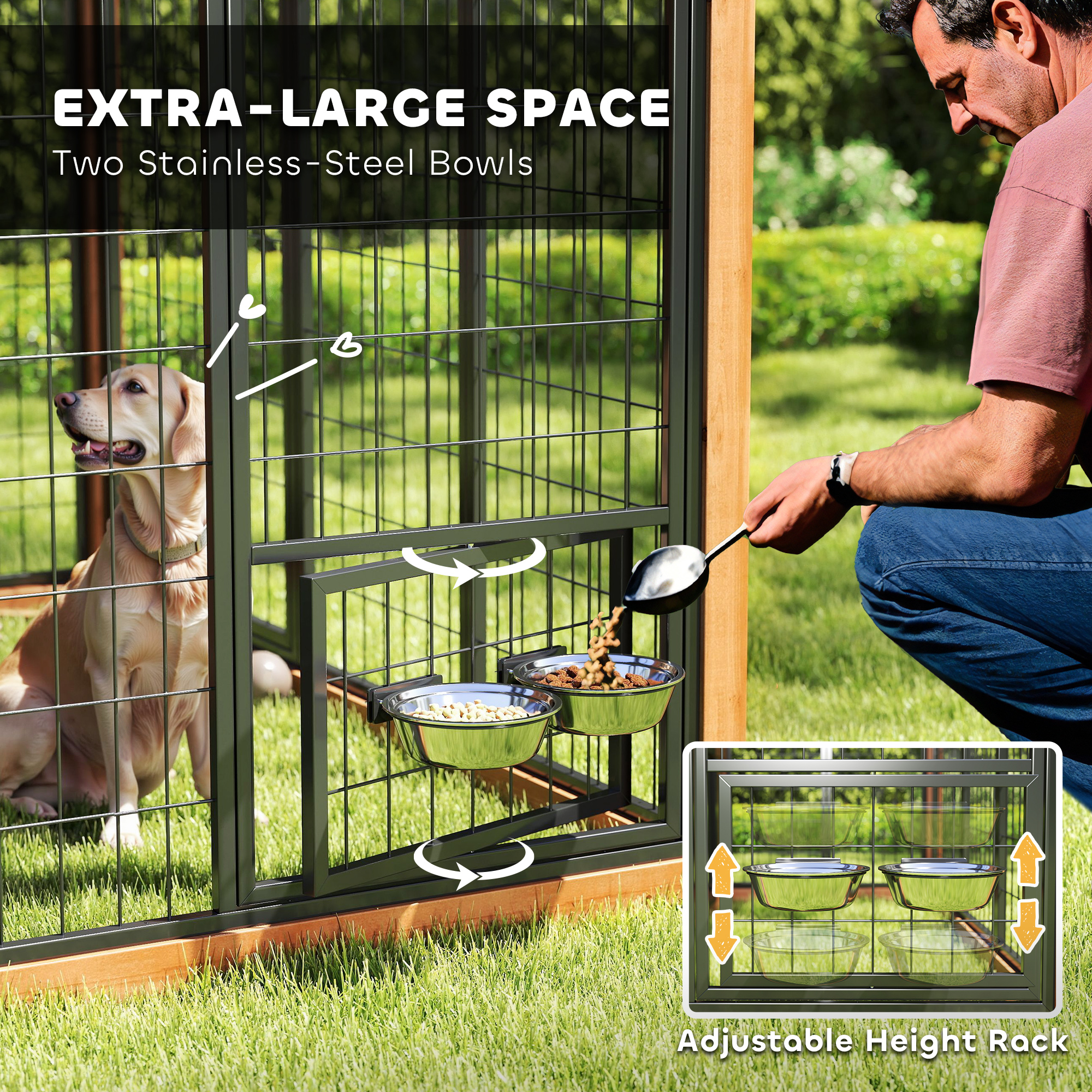 Casa para Perros Extra Grande de 7 x 6, Caseta de Madera para Exterior con Gabinete de Almacenamiento y Tazones de Acero Inoxidable, Amarillo Claro — imagen 2