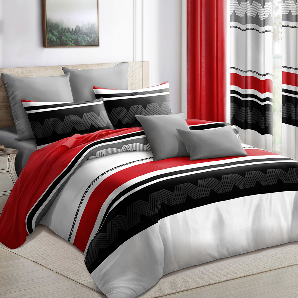 9 Piece Room In A Bag Quilt And Curtain Set, US Designer Red And Black Geometric Chevron Heavyweight Bedspread With 6 Customizable Window Panels, Pet-Friendly High GSM Coverlet — image 4