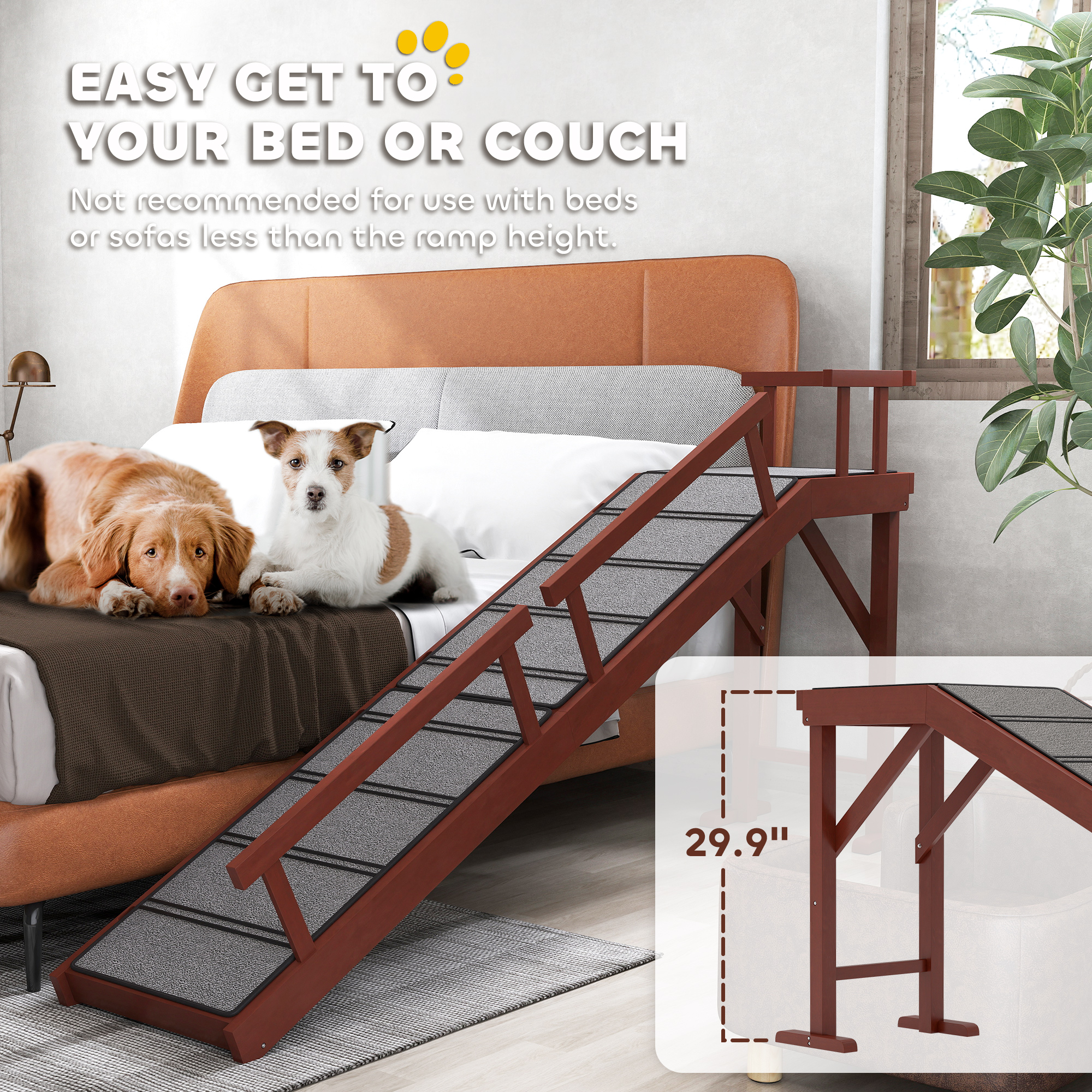 Wooden Dog Ramp with Removable Guardrails, Non-Slip Surface, 70.5" Long, Brown — imagen 4