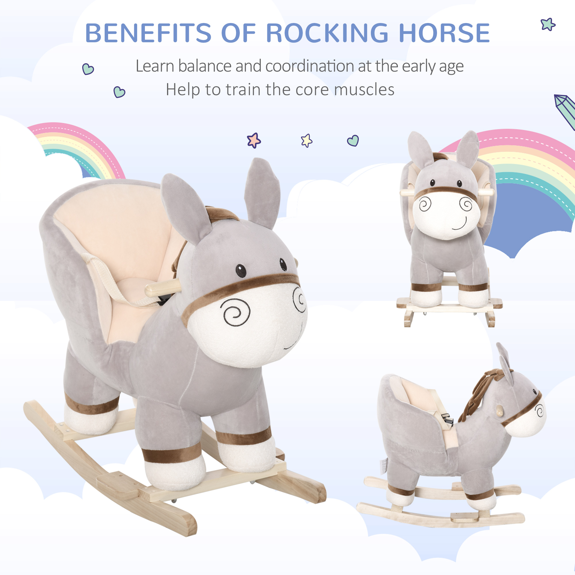Kids Rocking Chair, Plush Ride On Rocking Horse Donkey with Sound, Wood Base Seat, Safety Belt, Baby Toddler Rocker Toy for 18 - 36 Months, Gray — image 8