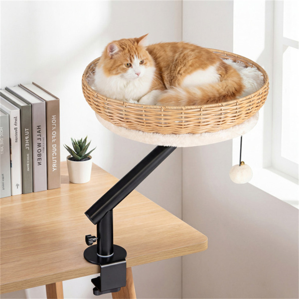 Cama-Percha de Escritorio para Gatos Giratoria 360°, Refugio 2 en 1 para Espacio de Trabajo con Pelota de Cascabel, Natural Negro Blanco — imagen 4