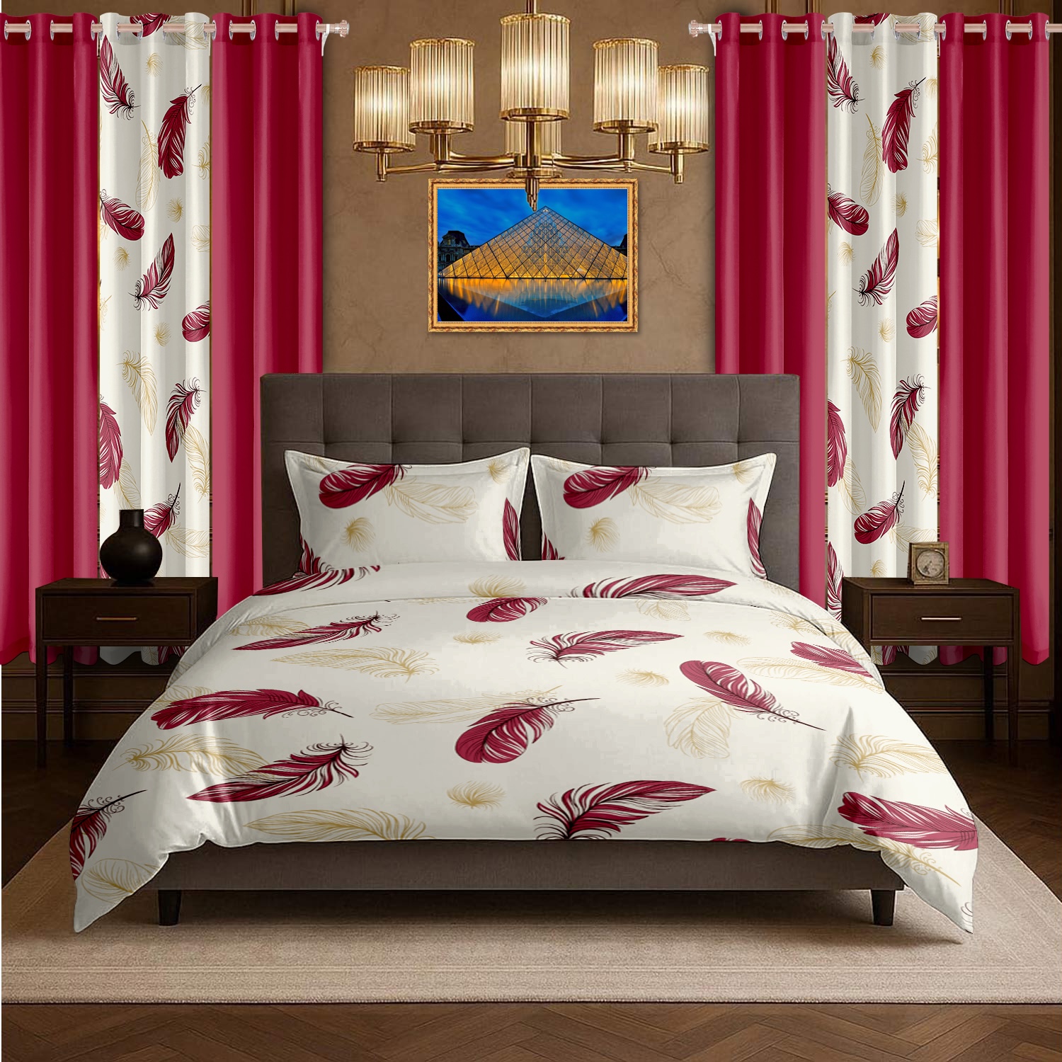 9 Piece Room In A Bag Quilt And Curtain Set, US Designer Burgundy Gold Boho Feather Print Heavyweight Bedspread With 6 Customizable Window Panels, Pet-Friendly High GSM Coverlet — image 6