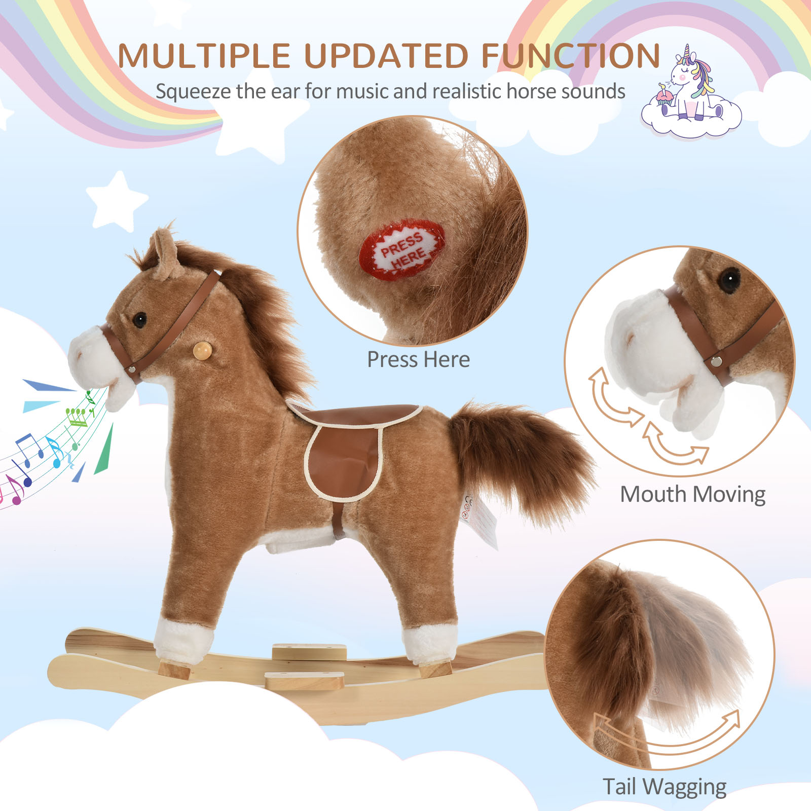 Caballo de Madera con Sonidos y Movimientos, Silla de Paseo para Niños con Boca que Se Mueve y Cola que Se Balancea, Marrón — imagen 3