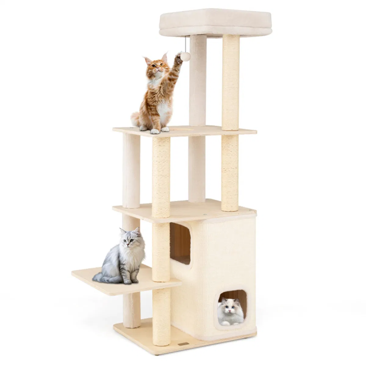 63" Wooden Cat Tree - 2-Story Condo with Bamboo Interior, 5 Sisal Scratching Posts, 44 lbs Per Layer Capacity — image 1